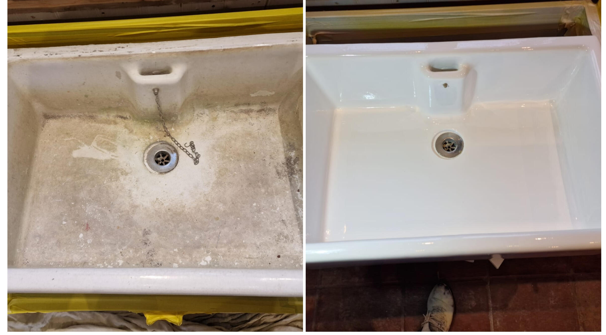 BEFORE AND AFTER PHOTOS OF A KITCHEN CERAMIC BELFAST SINK, WAS DAMAGED AND FULL OF CHIPS, FULLY RESORED TO A LIKE NEW FINISH IN Solihull