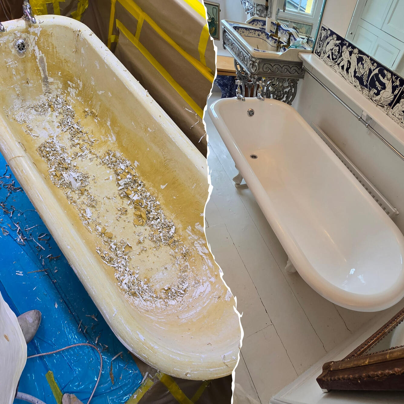 Before and after Victorian cast iron roll top bath re-enamelling in Solihull