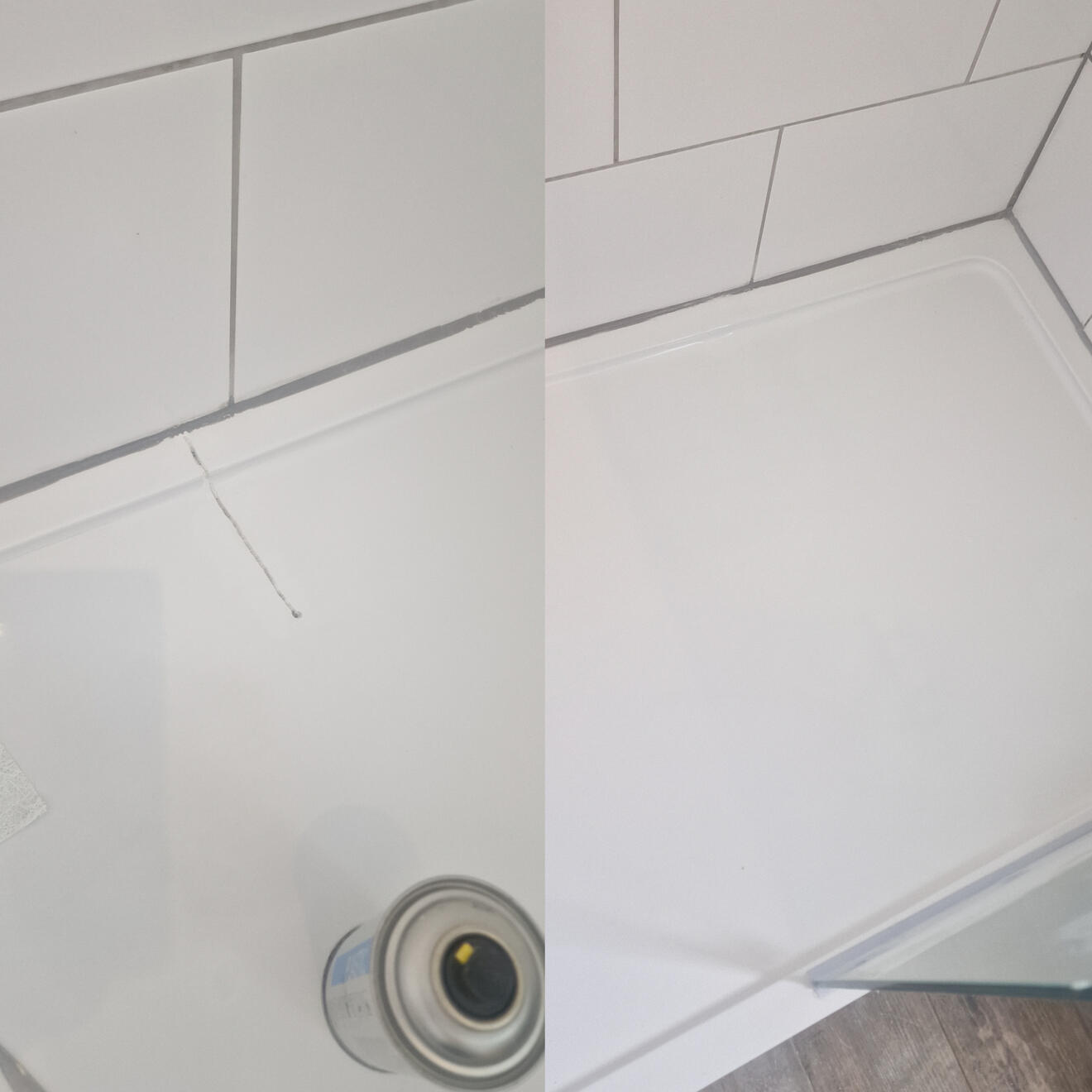 Before and after stone resin shower tray crack repair in Solihull