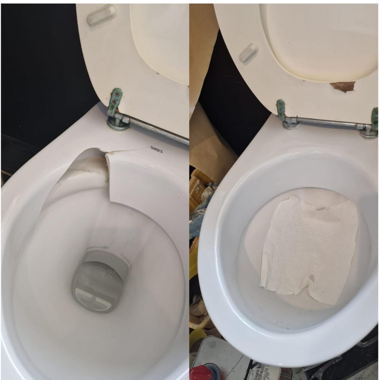 before and after pictures of a ceramic toilet crack repair in a pub in the center of Solihull