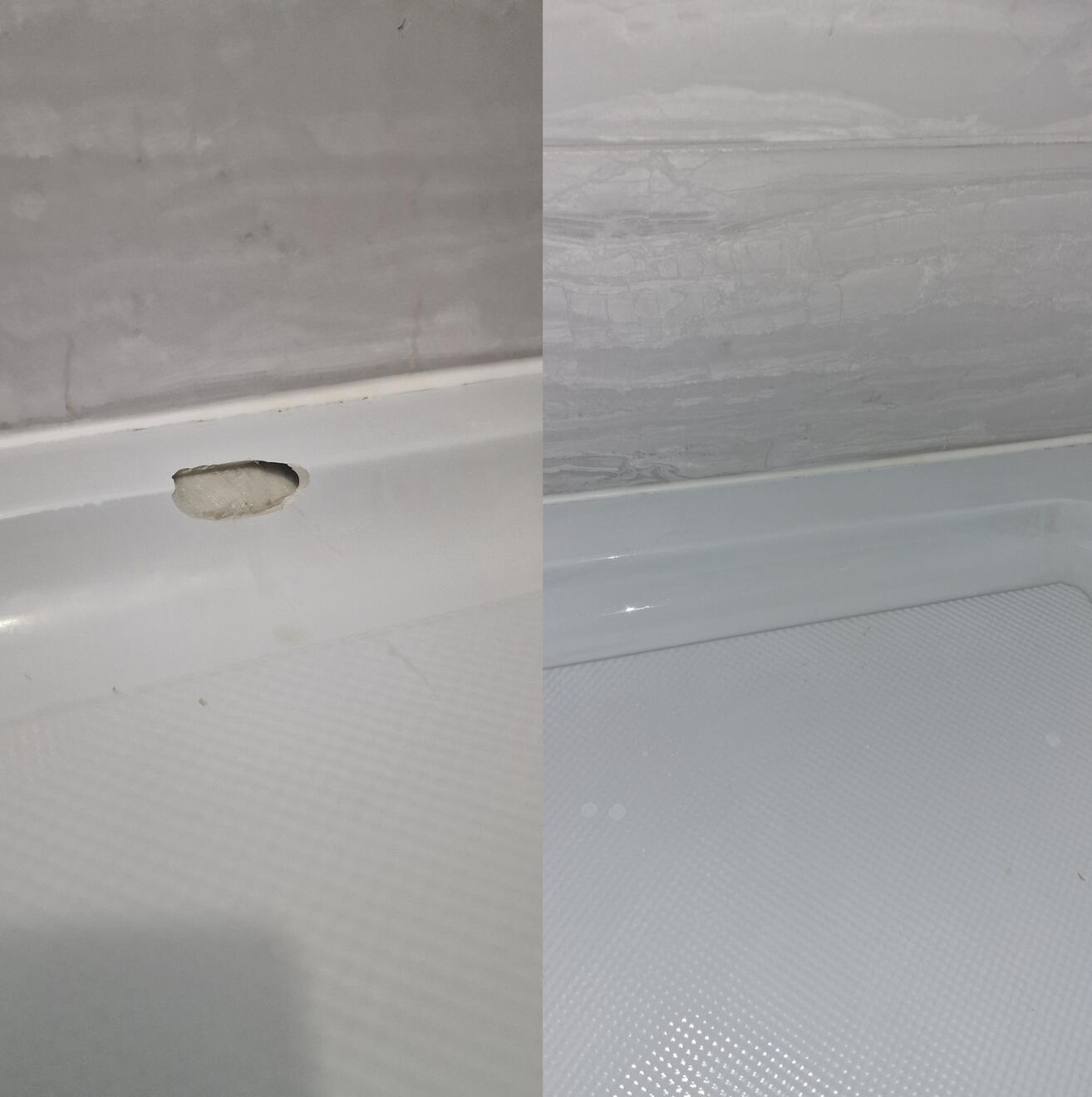 Before and after pictures of a shower Tray repair Solihull