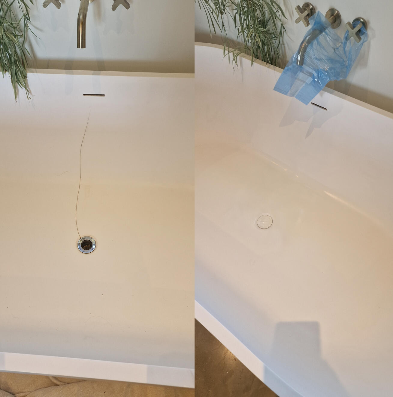 before and after pictures of a stone resin acrylic bath crack repair Reinforced stone resin bath crack repair in Dudley