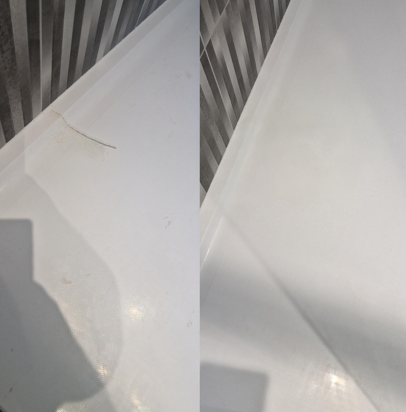 before and after pictures of a stone resin acrylic shower tray crack repair Reinforced shower tray crack repair in Solihull
