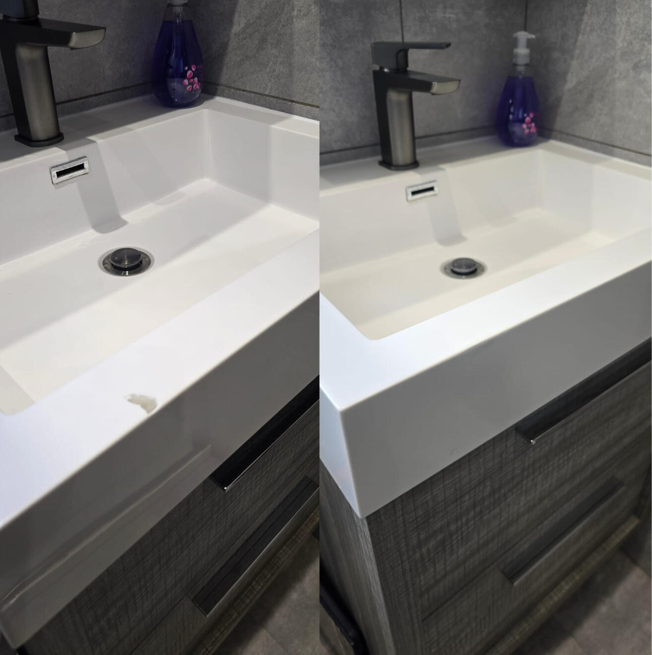 Before and after composite bathroom basin chip repair in Solihull