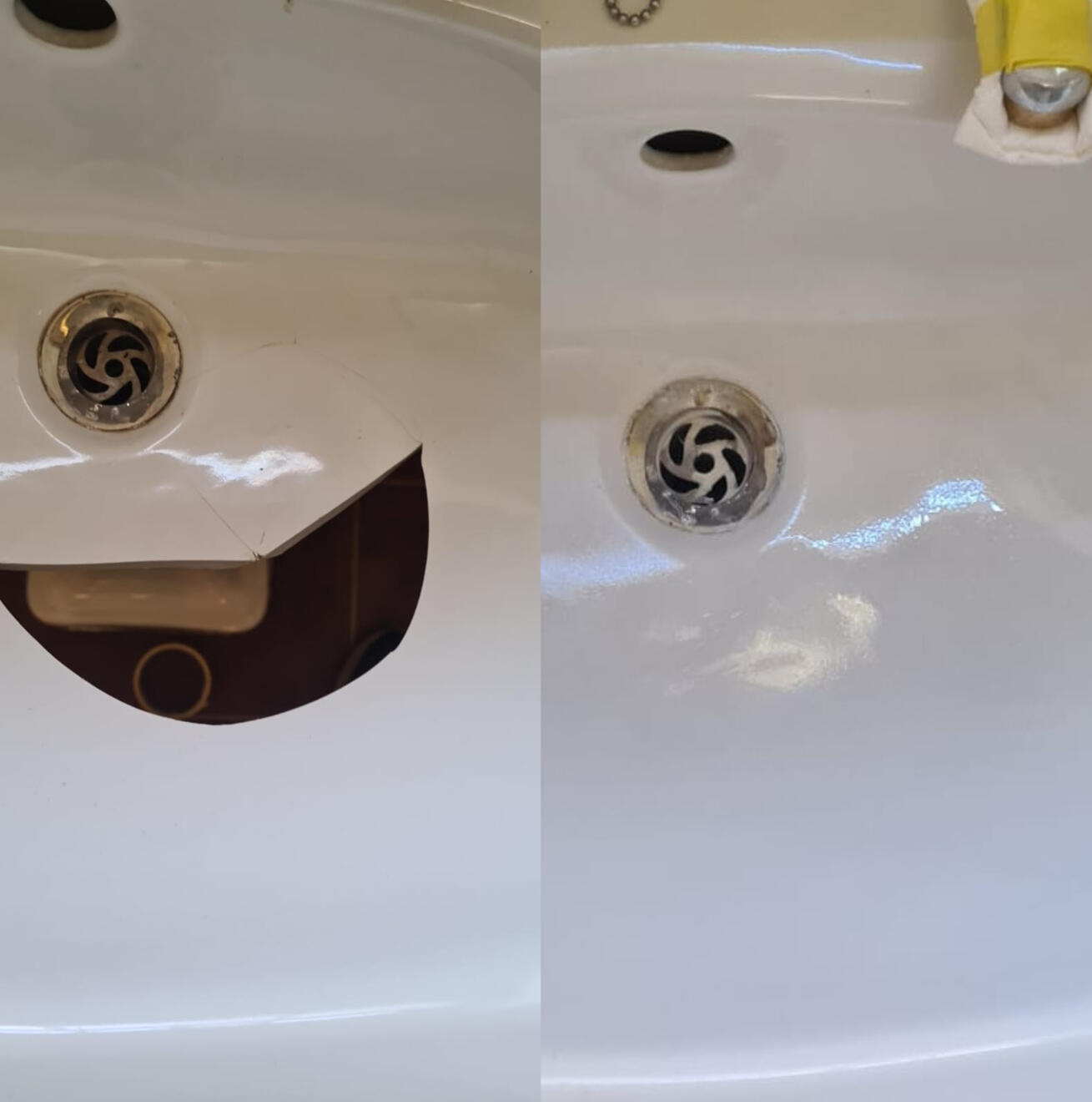 Before and after ceramic sink crack repair in Solihull