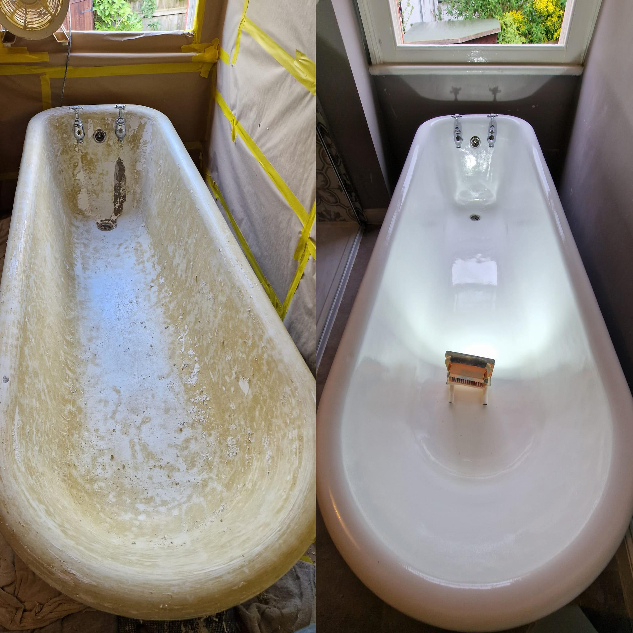 Before and after roll top cast iron bath re-enamelling in Solihull